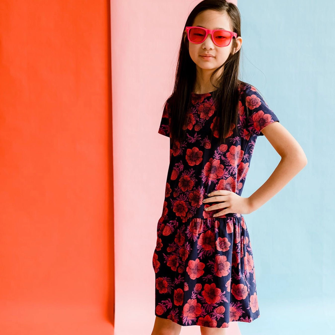 Girls Organic Cotton Short Sleeve Drop Waist Dress-Navy Poppy - Wild Child Hat CoMightlyDress
