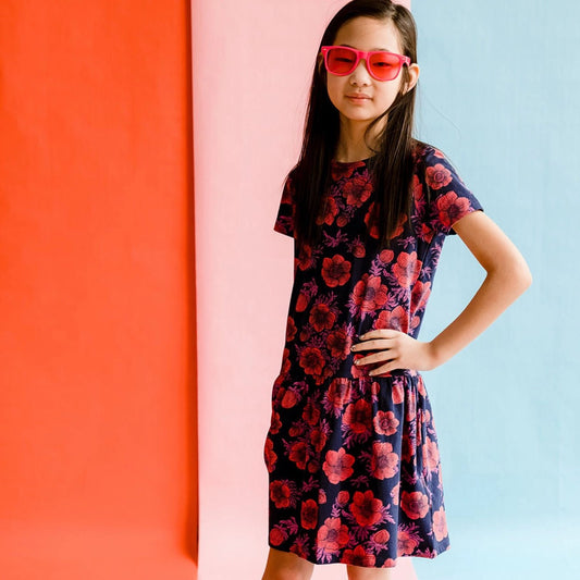 Girls Organic Cotton Short Sleeve Drop Waist Dress-Navy Poppy - Wild Child Hat CoMightlyDress