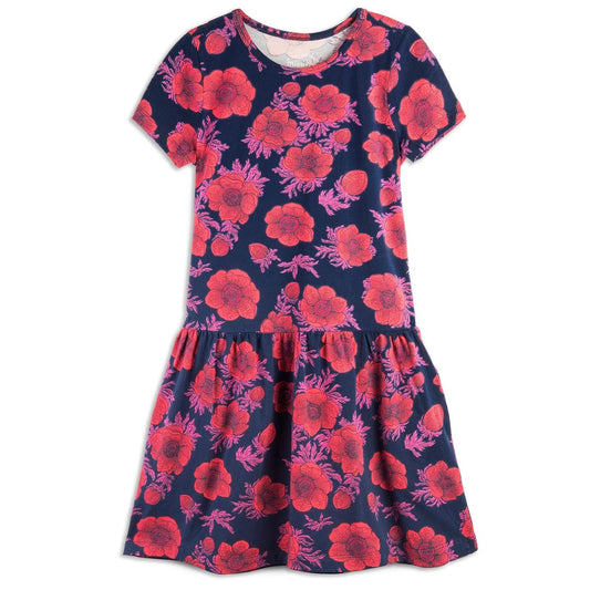 Girls Organic Cotton Short Sleeve Drop Waist Dress-Navy Poppy - Wild Child Hat CoMightlyDress