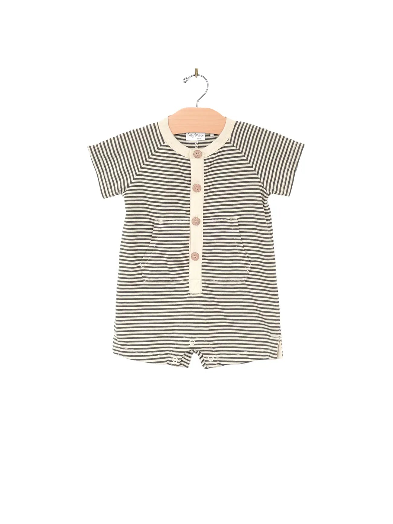 Kangaroo Pocket Romper- Stripe- Charcoal - Wild Child Hat CoCity MouseRomper