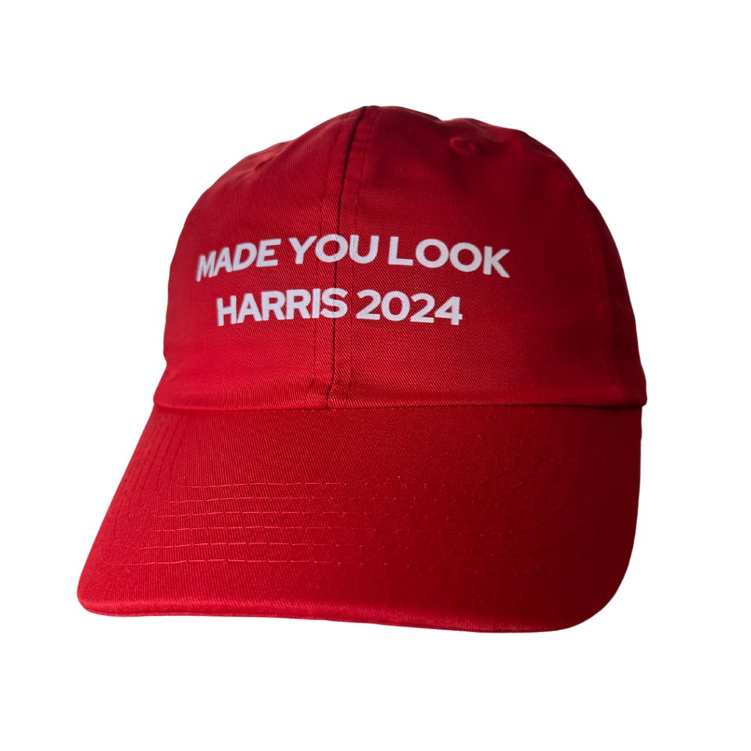 Red Made You Look Harris 2024 hat with printed text - Wild Child Hat CoWild Child Hat Co