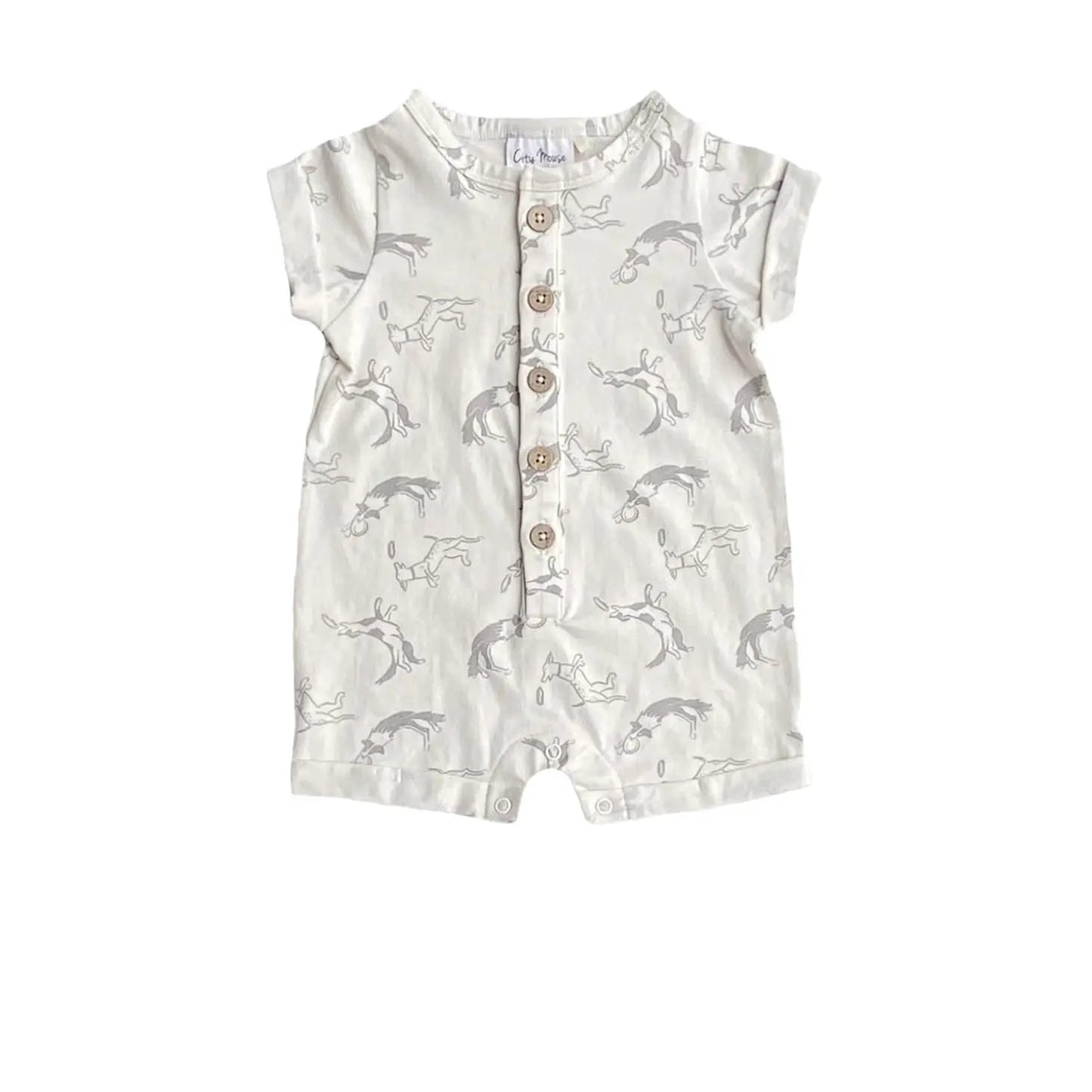 Button Front Dog Print Romper - Wild Child Hat CoCity MouseRomper