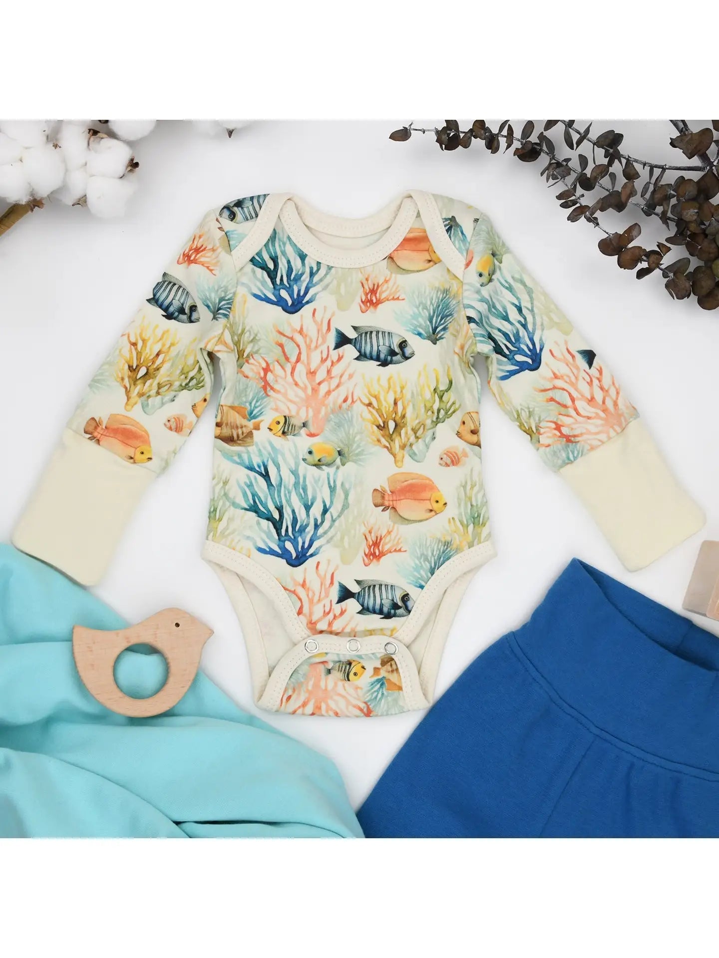 Organic Cotton Long Sleeve Baby Bodysuit, Pisces - Wild Child Hat CoEarthyOnesie