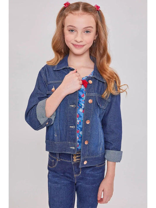 Girl's Basic Denim Jacket- Dark Wash - Wild Child Hat CoYMIDenim Jacket