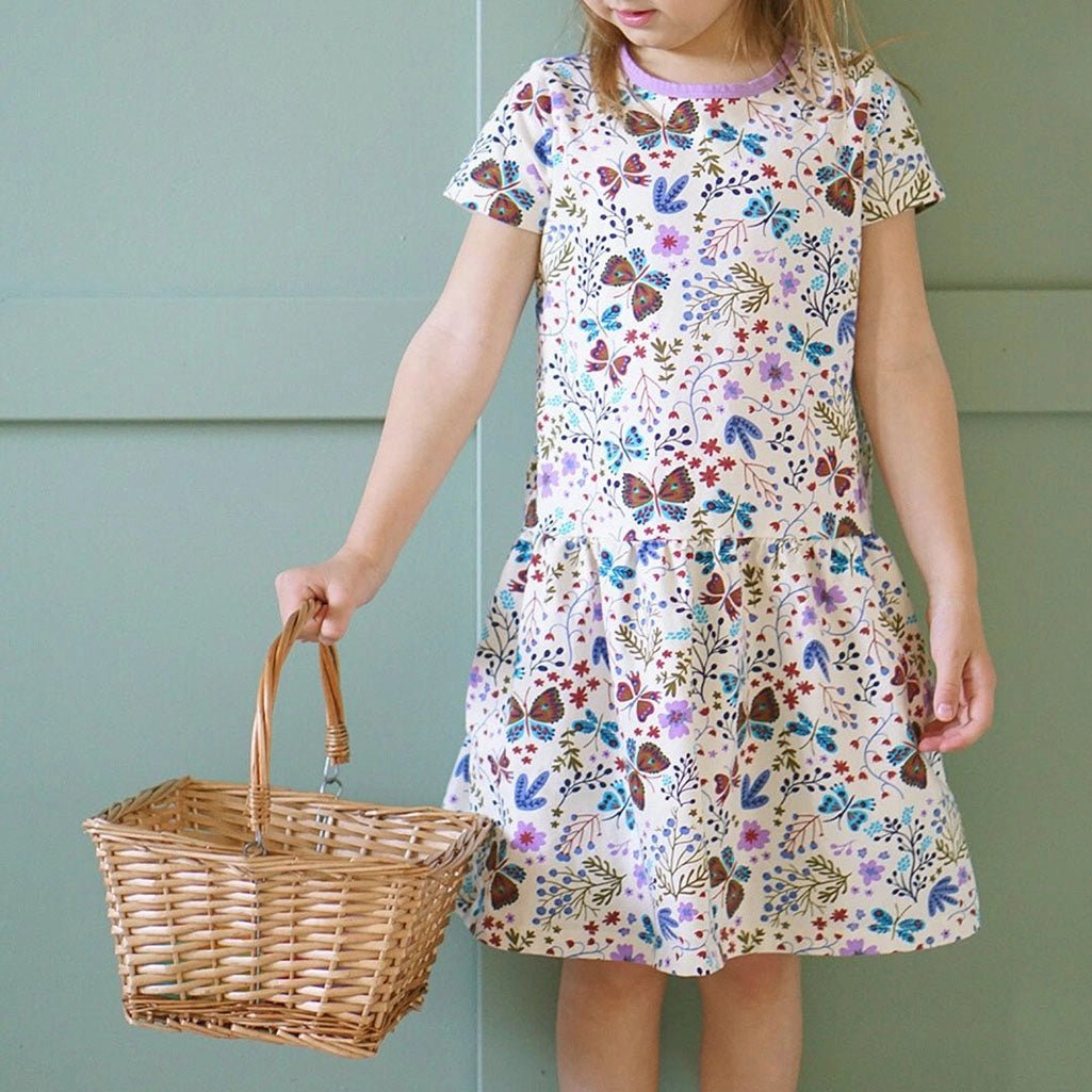 Girls Organic Cotton Short Sleeve Drop Waist Dress- Botanical Floral - Wild Child Hat CoMightlyDress