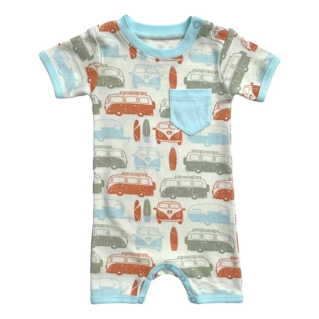 Organic Cotton Short Sleeve Romper - Vintage Bus - Wild Child Hat CoCat & Dogma