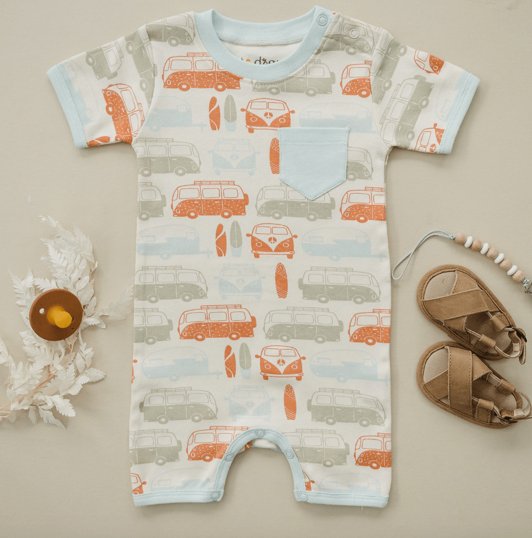 Organic Cotton Short Sleeve Romper - Vintage Bus - Wild Child Hat CoCat & Dogma