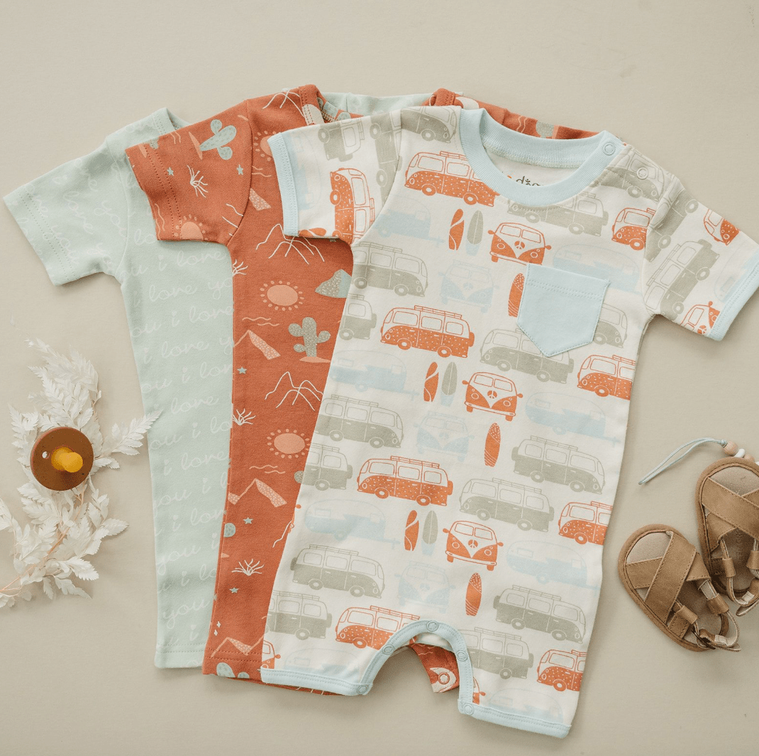 Organic Cotton Short Sleeve Romper - Vintage Bus - Wild Child Hat CoCat & Dogma