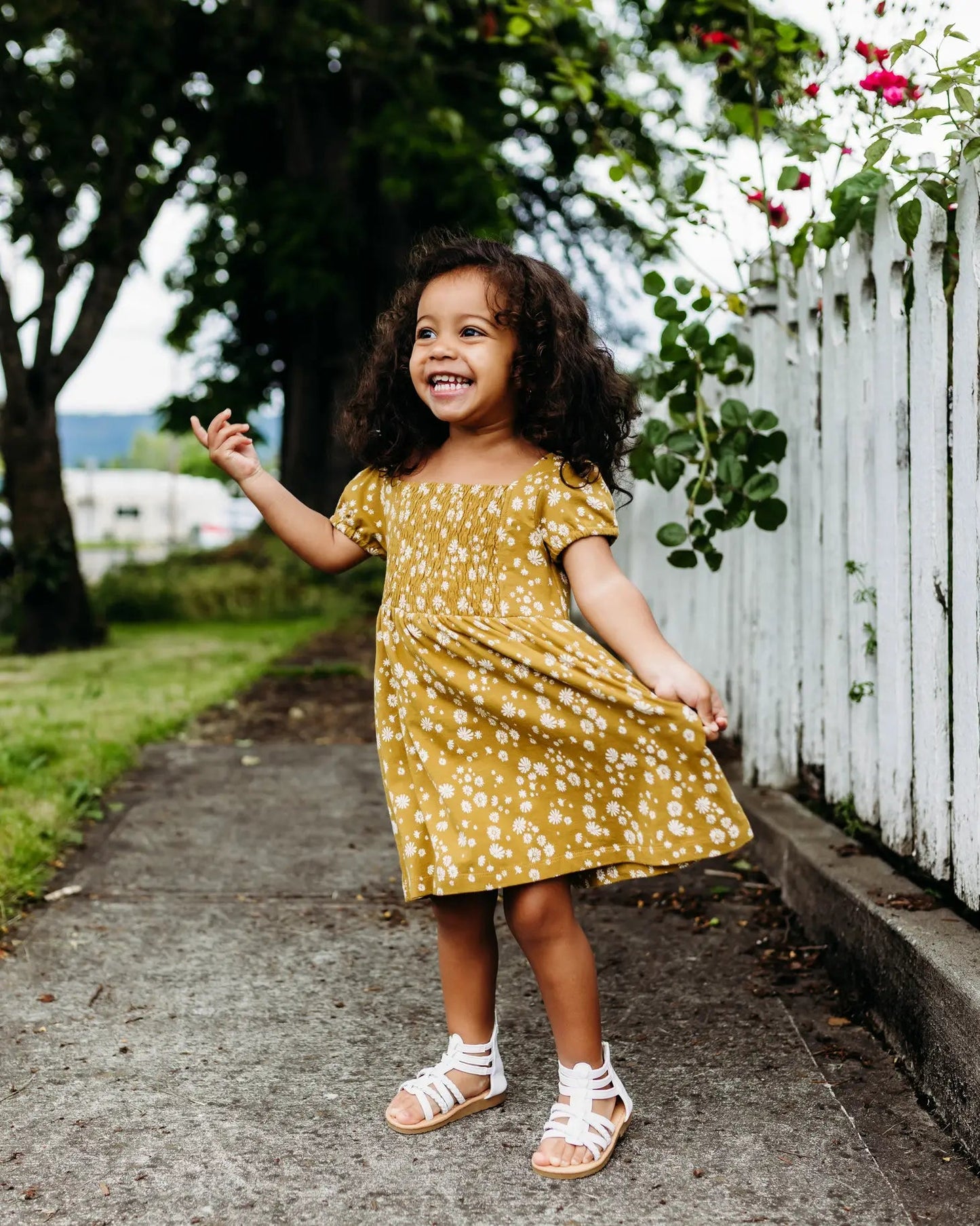 Mustard Floral Smocked Dress