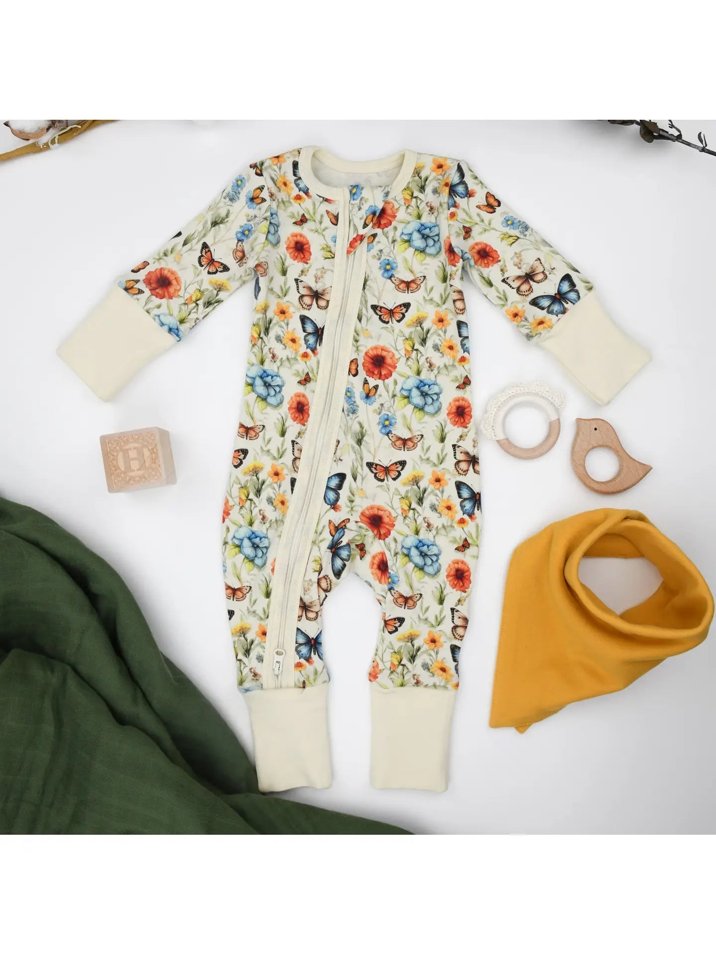 Organic Cotton Baby Pajamas 2-Way Zip Front Zipper Sleeper, Blossom - Wild Child Hat CoEarthyPajamas