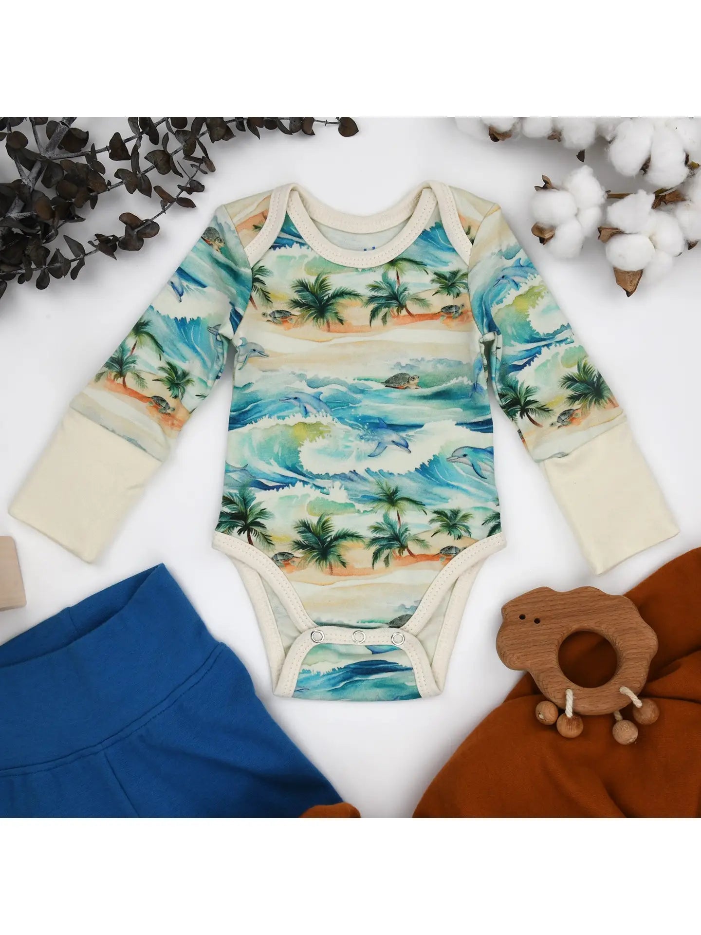 Organic Cotton Long Sleeve Baby Bodysuit, Maui - Wild Child Hat CoEarthyOnesie